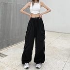 2025frauen Casual Jogger Tech Hosen Feste Niedrige Taille Hosen Kordelzug Breite Bein Baggy Hosen Y2k Streetwear Oversize Jogginghose