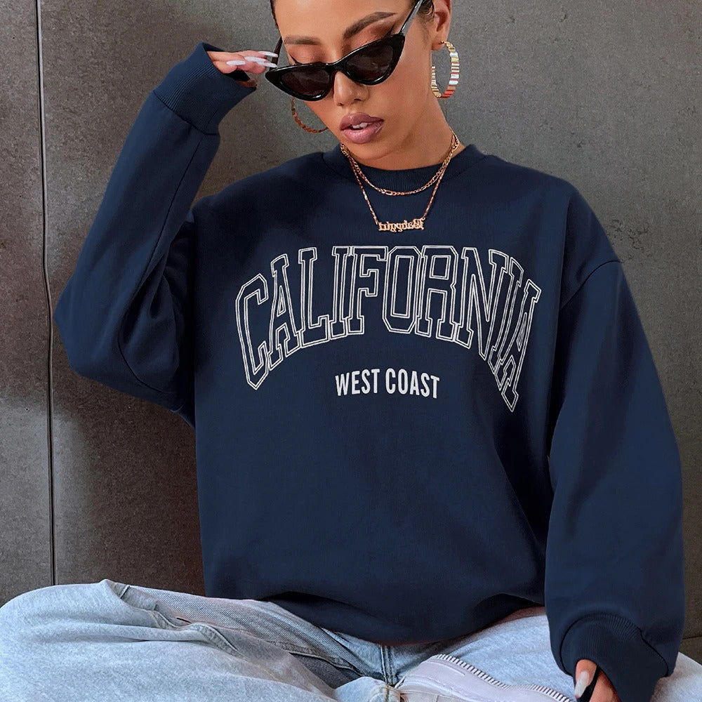 Koreanischer Trend-Sweatshirt für Damen, California West Coast Print, weiblicher Kapuzenpullover mit langen Ärmeln, O-Ausschnitt, sportliche und reichhaltige Kleidung