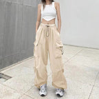 2025frauen Casual Jogger Tech Hosen Feste Niedrige Taille Hosen Kordelzug Breite Bein Baggy Hosen Y2k Streetwear Oversize Jogginghose