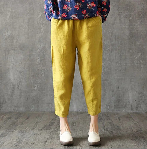 Frauen Sommer Casual Lose Harem Elastische Taille Baumwolle Leinen Hosen Neunte Hosen