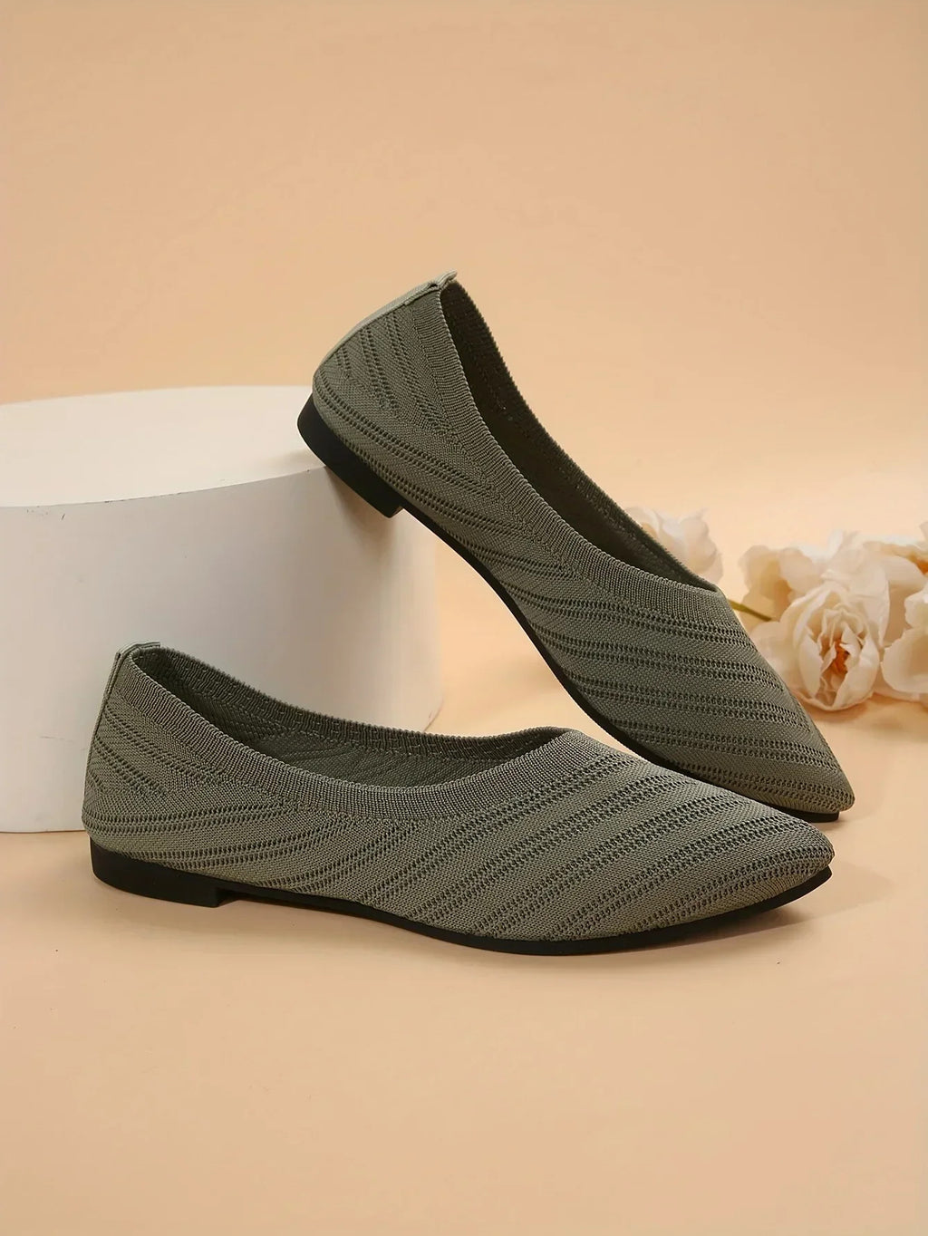 Damen Spitzschuh Flache Schuhe Einfarbig Gestrickte Slip-on-Schuhe Lässige Atmungsaktive Ballerinas Damen Flache Schuhe Müßiggänger Damen