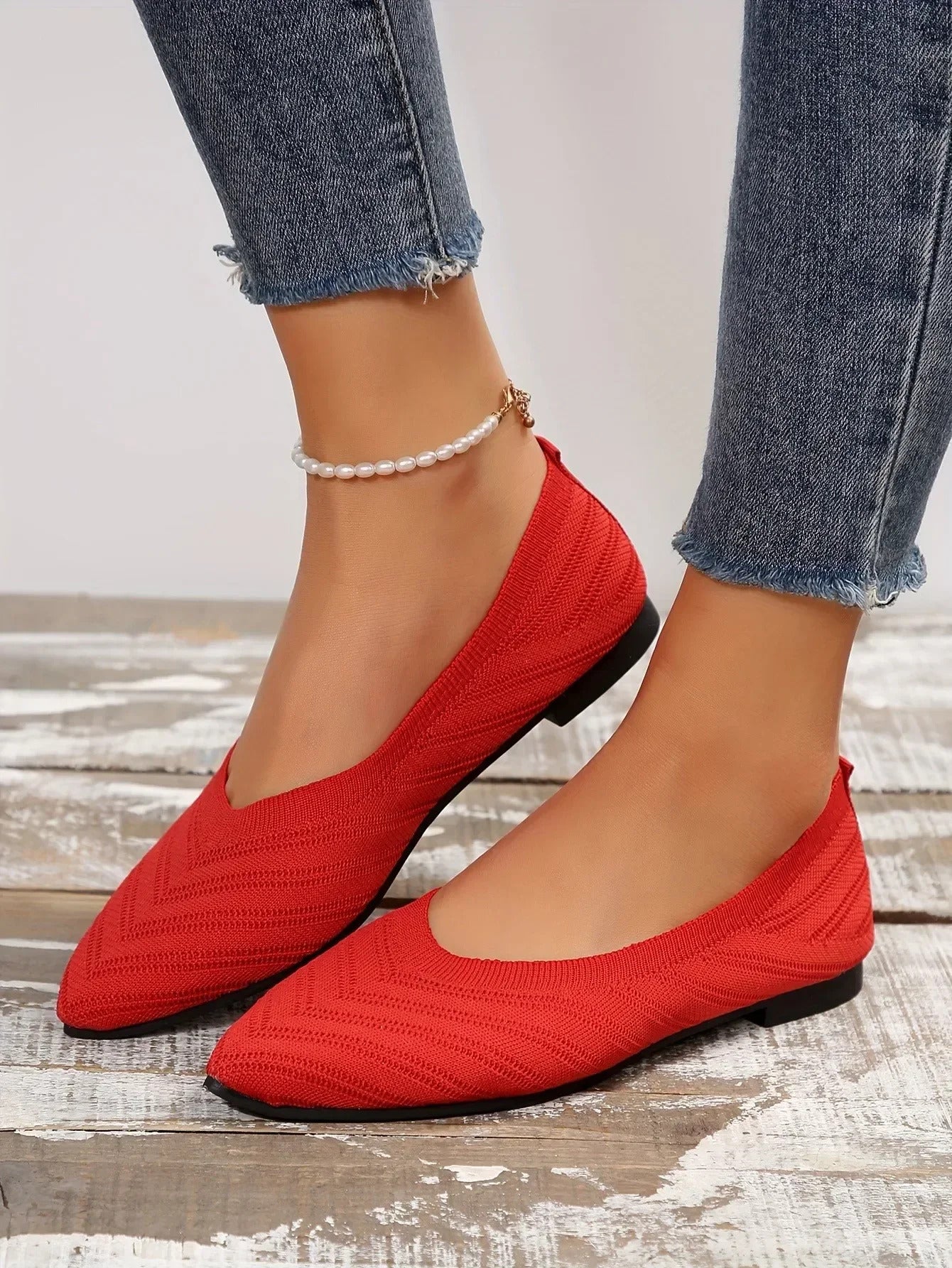Damen Spitzschuh Flache Schuhe Einfarbig Gestrickte Slip-on-Schuhe Lässige Atmungsaktive Ballerinas Damen Flache Schuhe Müßiggänger Damen